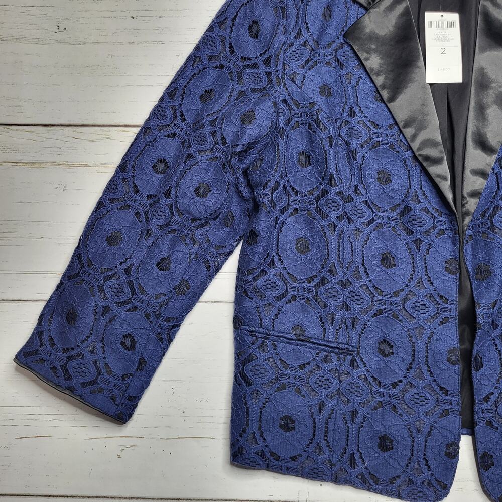 Chico's‎ Lace Overlay Blazer Jacket Casablanca Blue Black Lined Large 12 2 - Picture 4 of 10